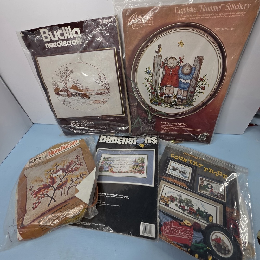 Vintage Needlepoint Kit Lot Bucilla Hummel Dimensions Crewel Cross Stitch Mixed